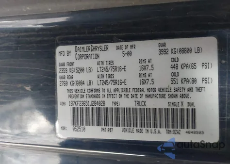 2001 Dodge Ram 2500 St from USA, damaged, VIN 1B7KF23651J284028